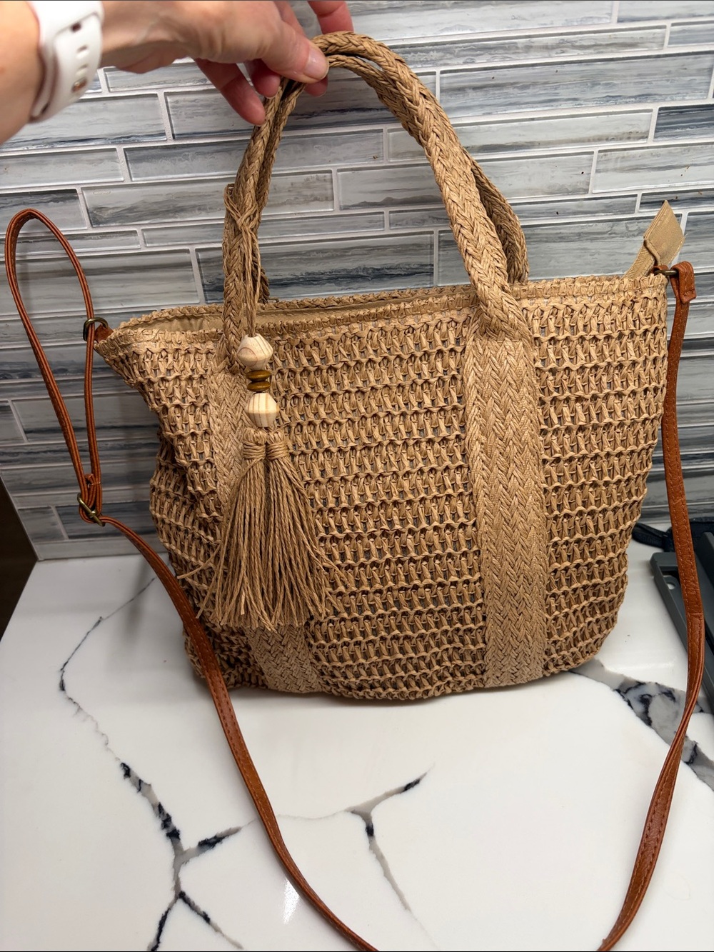 Natural Woven Straw Tote with Tassel Accent